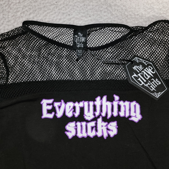 NWT Dolls Kill Black , Sheer Everything Sucks Long Sleeve Tee - Picture 9 of 10